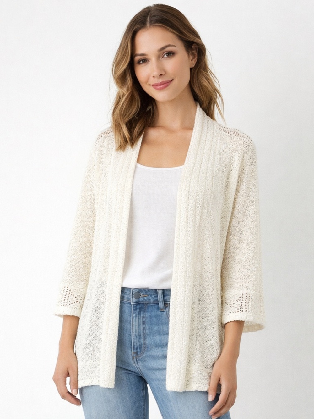 Fever Ivory Open Knit Cardigan M Lightweight Boho 3/4 Sleeve